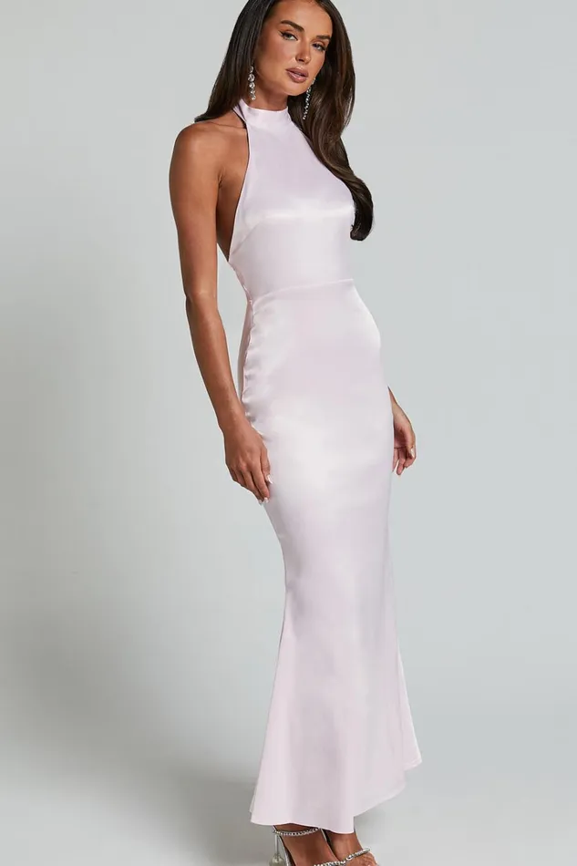 Britany Maxi Dress 8211 Halter Neck Backless Ribbon Detail Fit And Flare Dress In Pink Women Showpo Dresses