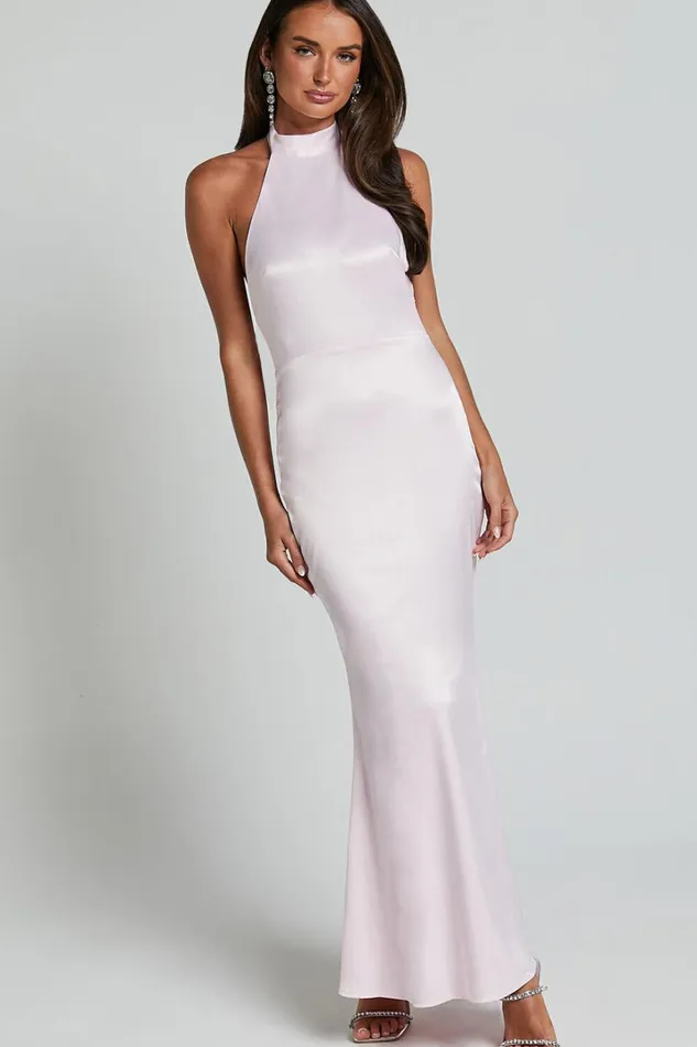 Britany Maxi Dress 8211 Halter Neck Backless Ribbon Detail Fit And Flare Dress In Pink Women Showpo Dresses