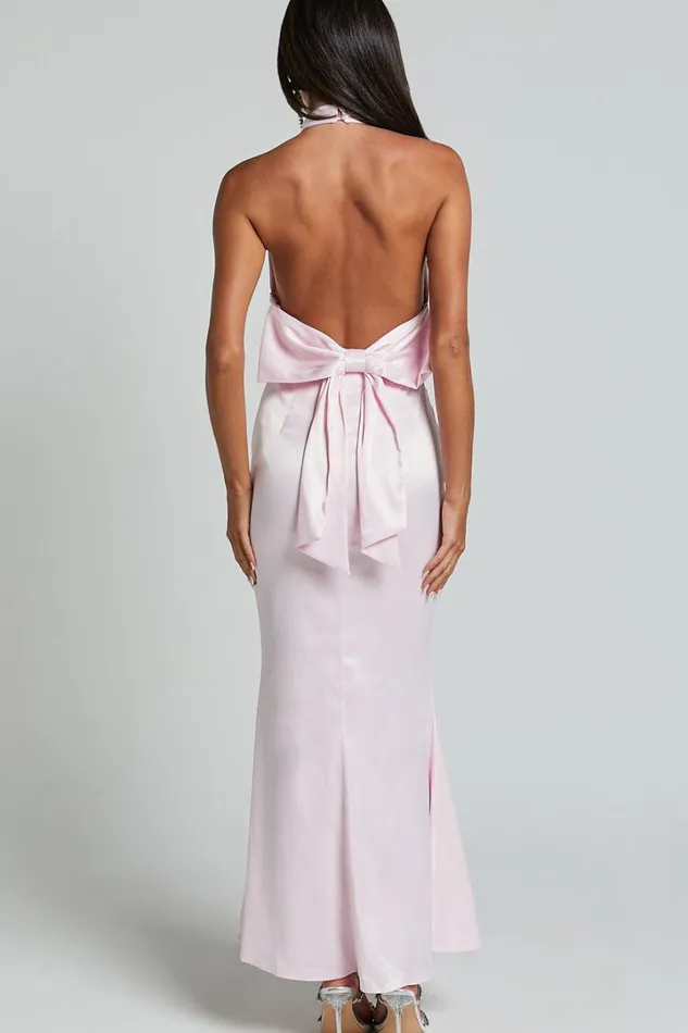 Britany Maxi Dress 8211 Halter Neck Backless Ribbon Detail Fit And Flare Dress In Pink Women Showpo Dresses