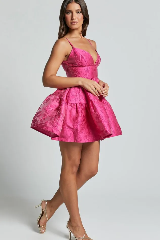 Britany Mini Dress 8211 V Neck Tiered Strappy Tiered Fit And Flare Dress In Fuchsia Women Showpo Dresses