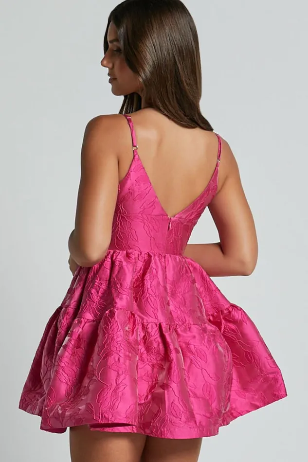 Britany Mini Dress 8211 V Neck Tiered Strappy Tiered Fit And Flare Dress In Fuchsia Women Showpo Dresses
