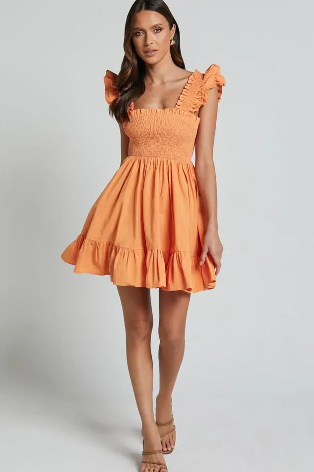 Brynlee Mini Dress 8211 Elastic Chest Flutter Sleeve Hem Dress In Mandarin Women Showpo Dresses