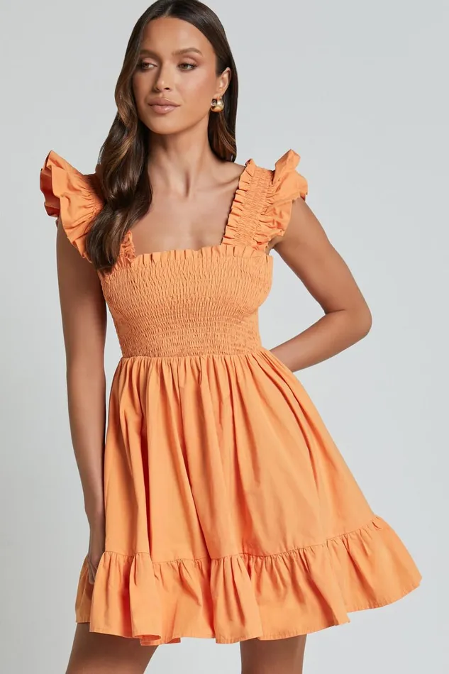 Brynlee Mini Dress 8211 Elastic Chest Flutter Sleeve Hem Dress In Mandarin Women Showpo Dresses