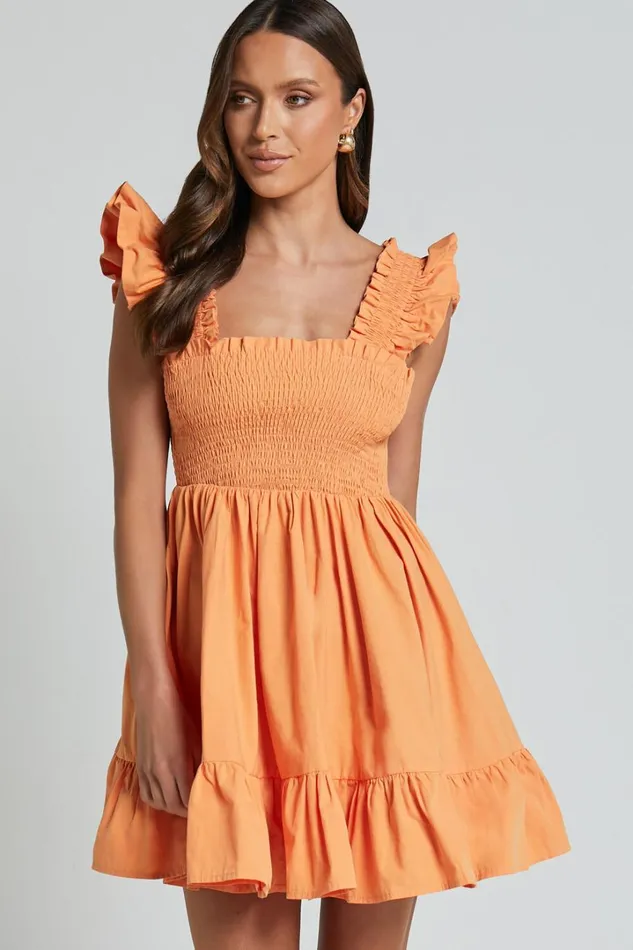 Brynlee Mini Dress 8211 Elastic Chest Flutter Sleeve Hem Dress In Mandarin Women Showpo Dresses