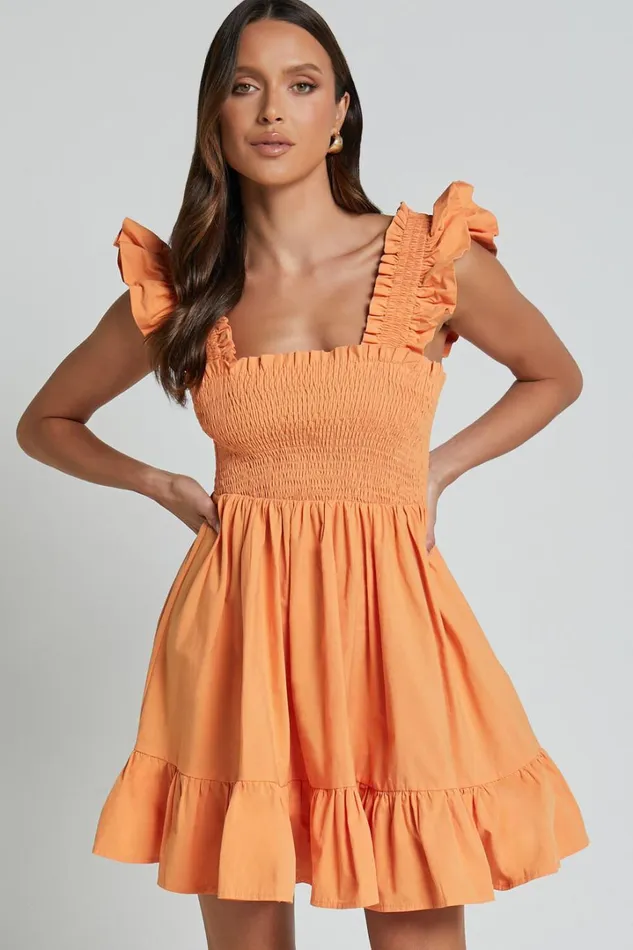 Brynlee Mini Dress 8211 Elastic Chest Flutter Sleeve Hem Dress In Mandarin Women Showpo Dresses