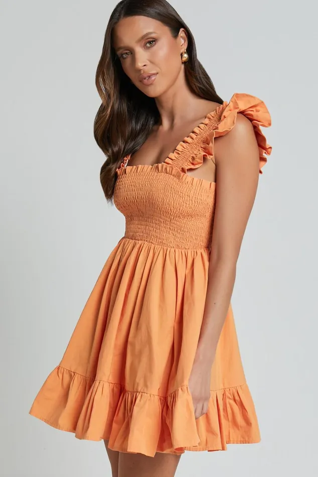 Brynlee Mini Dress 8211 Elastic Chest Flutter Sleeve Hem Dress In Mandarin Women Showpo Dresses