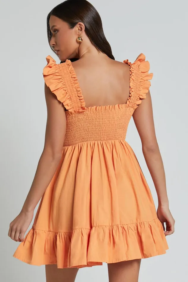 Brynlee Mini Dress 8211 Elastic Chest Flutter Sleeve Hem Dress In Mandarin Women Showpo Dresses