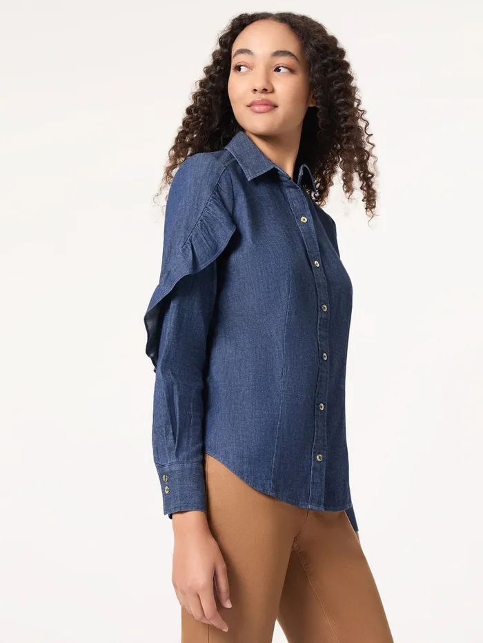 ButtonFront Ruffle Sleeve Denim Shirt Women Jones New York Tops and Blouses ButtonFront Ruffle Sleeve Denim Shirt Women Jones New York Tops and Blouses