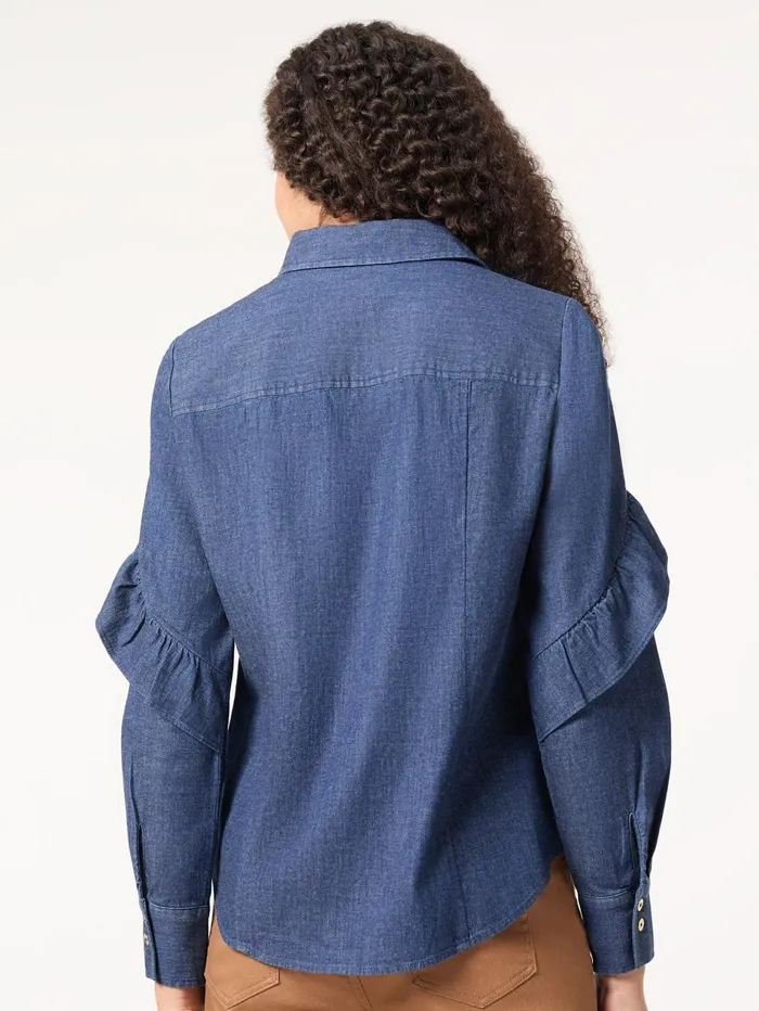 ButtonFront Ruffle Sleeve Denim Shirt Women Jones New York Tops and Blouses ButtonFront Ruffle Sleeve Denim Shirt Women Jones New York Tops and Blouses