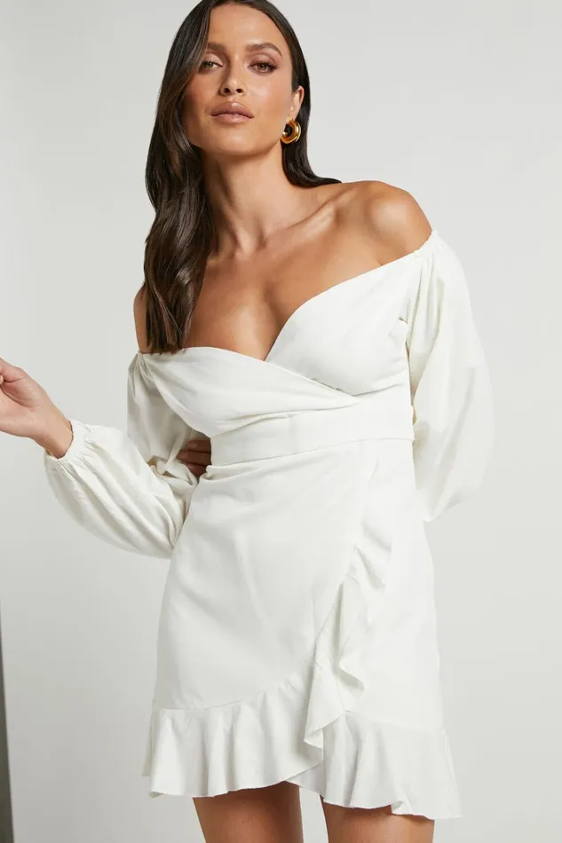 Can039t Move On Mini Dress 8211 Linen Look Off Shoulder Dress In White Linen Look Women Showpo Curve Clothes