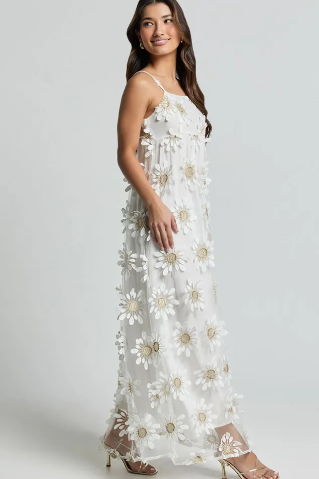 Candice Midi Dress 8211 Straight Neck Floral Embroidery Detail Shift Dress In White Women Showpo Dresses