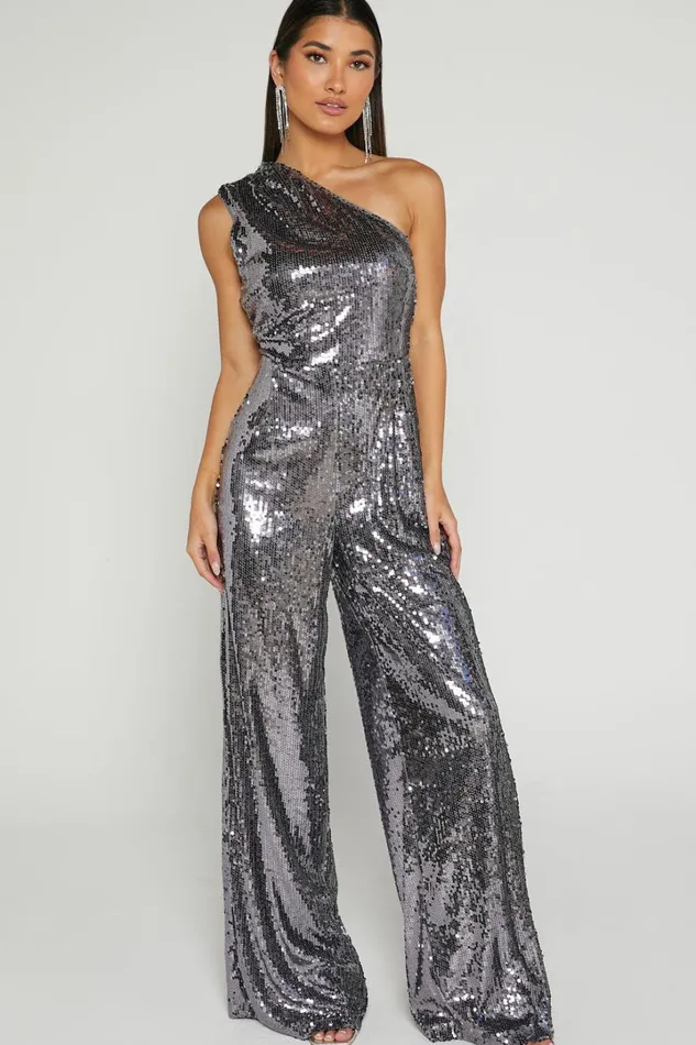 Carissa Jumpsuit 8211 One Shoulder Sequin Jumpsuit In Gunmetal Women Showpo Jumpsuits