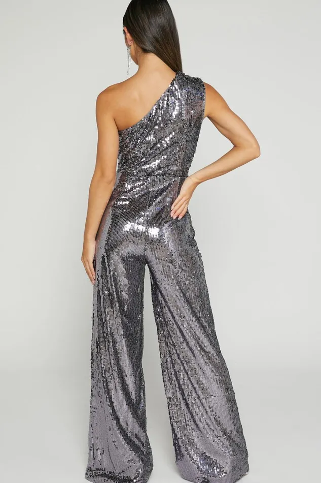 Carissa Jumpsuit 8211 One Shoulder Sequin Jumpsuit In Gunmetal Women Showpo Jumpsuits