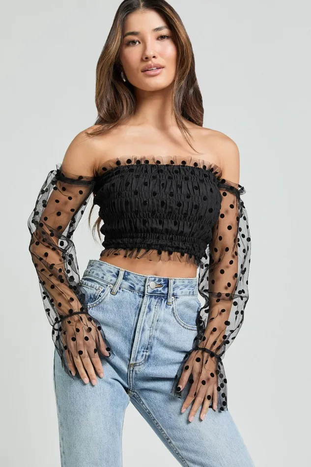 Carly Top 8211 Long Sleeve Off Shoulder Tulle Top In Black Women Showpo Tops