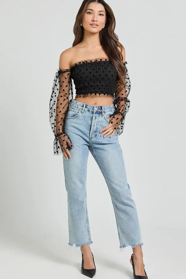 Carly Top 8211 Long Sleeve Off Shoulder Tulle Top In Black Women Showpo Tops