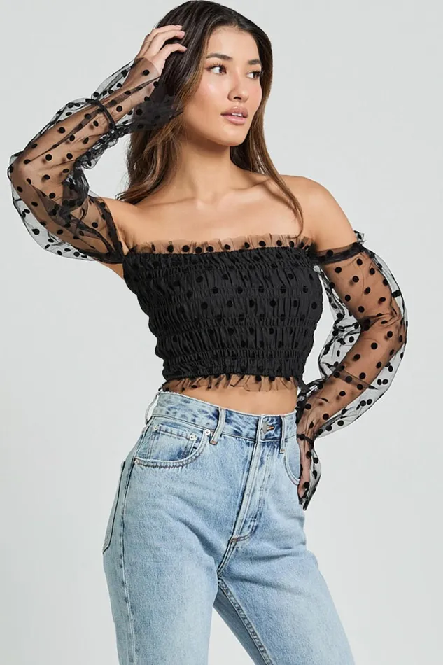 Carly Top 8211 Long Sleeve Off Shoulder Tulle Top In Black Women Showpo Tops