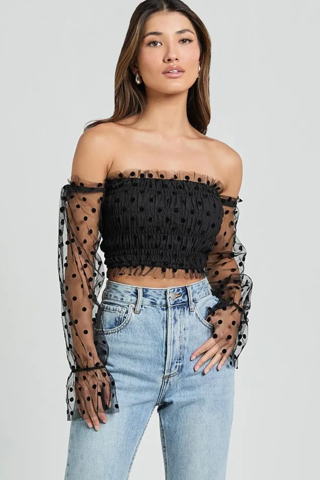 Carly Top 8211 Long Sleeve Off Shoulder Tulle Top In Black Women Showpo Tops