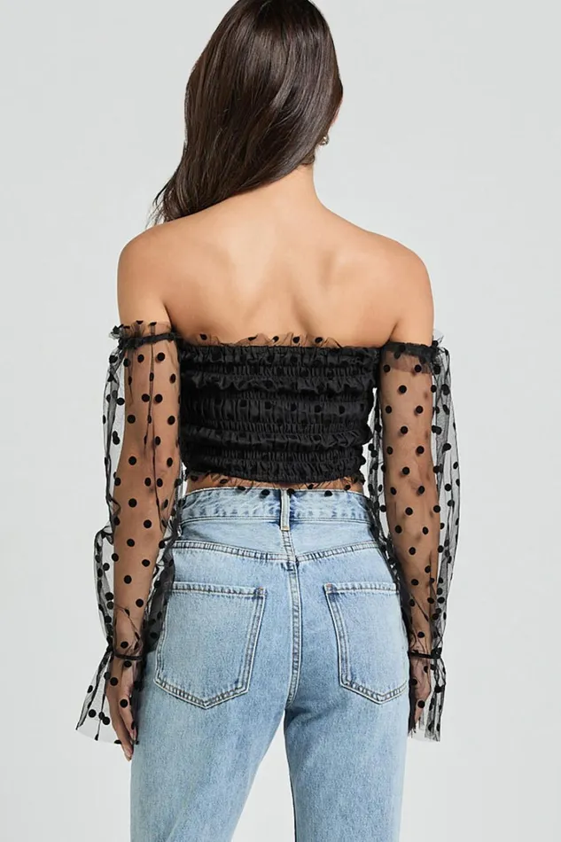 Carly Top 8211 Long Sleeve Off Shoulder Tulle Top In Black Women Showpo Tops