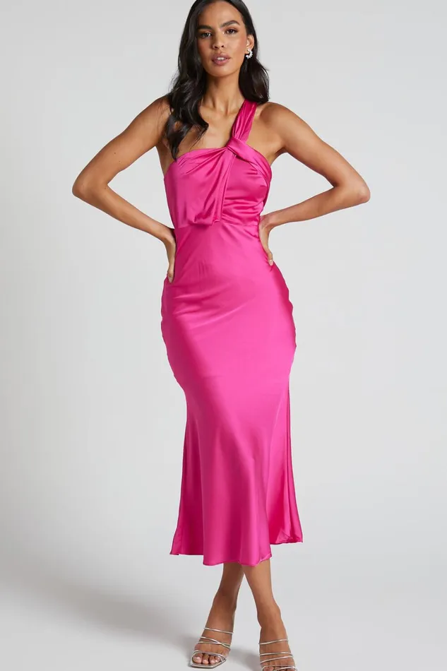 Carmella Midi Dress 8211 One Shoulder Twist Detail Dress In Fuchsia Women Showpo Dresses