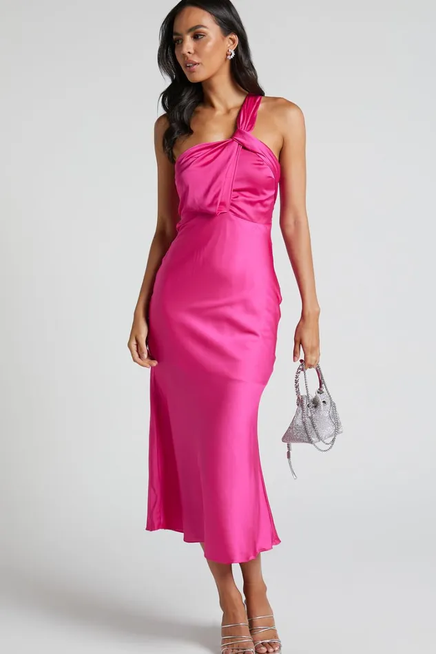 Carmella Midi Dress 8211 One Shoulder Twist Detail Dress In Fuchsia Women Showpo Dresses
