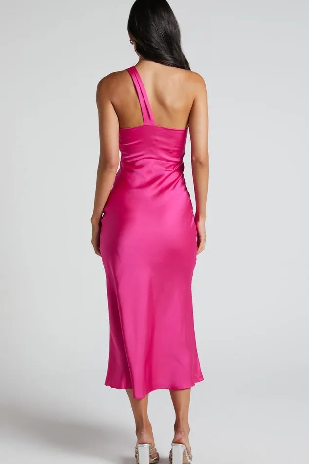 Carmella Midi Dress 8211 One Shoulder Twist Detail Dress In Fuchsia Women Showpo Dresses