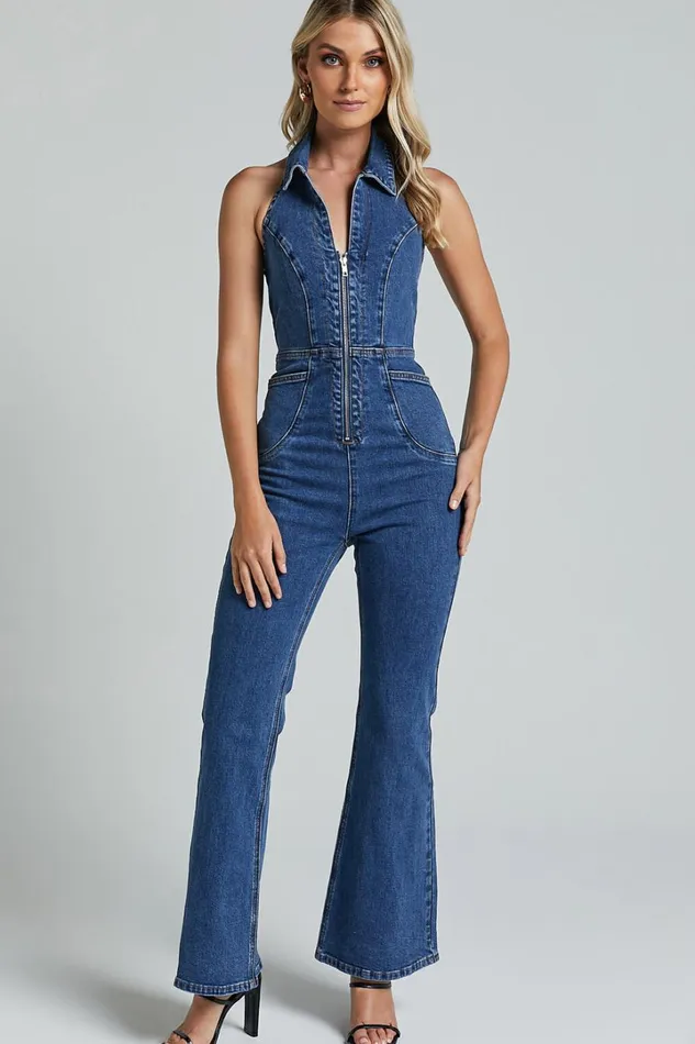 Casidy Jumpsuit 8211 Zip Front Collared Halter Neck Denim In Mid Blue Wash Women Showpo Denim Casidy Jumpsuit 8211 Zip Front Collared Halter Neck Denim In Mid Blue Wash Women Showpo Denim