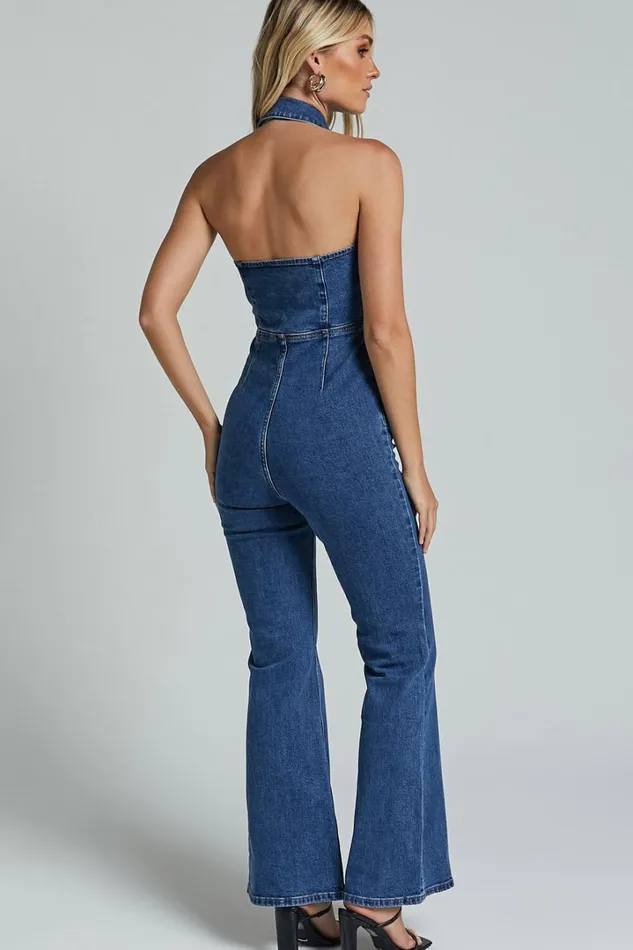 Casidy Jumpsuit 8211 Zip Front Collared Halter Neck Denim In Mid Blue Wash Women Showpo Denim