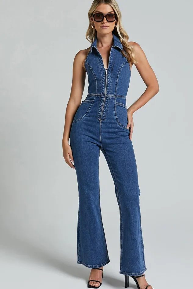 Casidy Jumpsuit 8211 Zip Front Collared Halter Neck Denim In Mid Blue Wash Women Showpo Denim