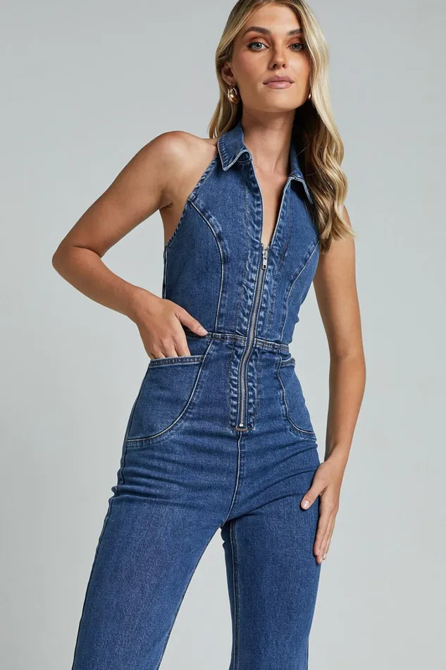 Casidy Jumpsuit 8211 Zip Front Collared Halter Neck Denim In Mid Blue Wash Women Showpo Denim