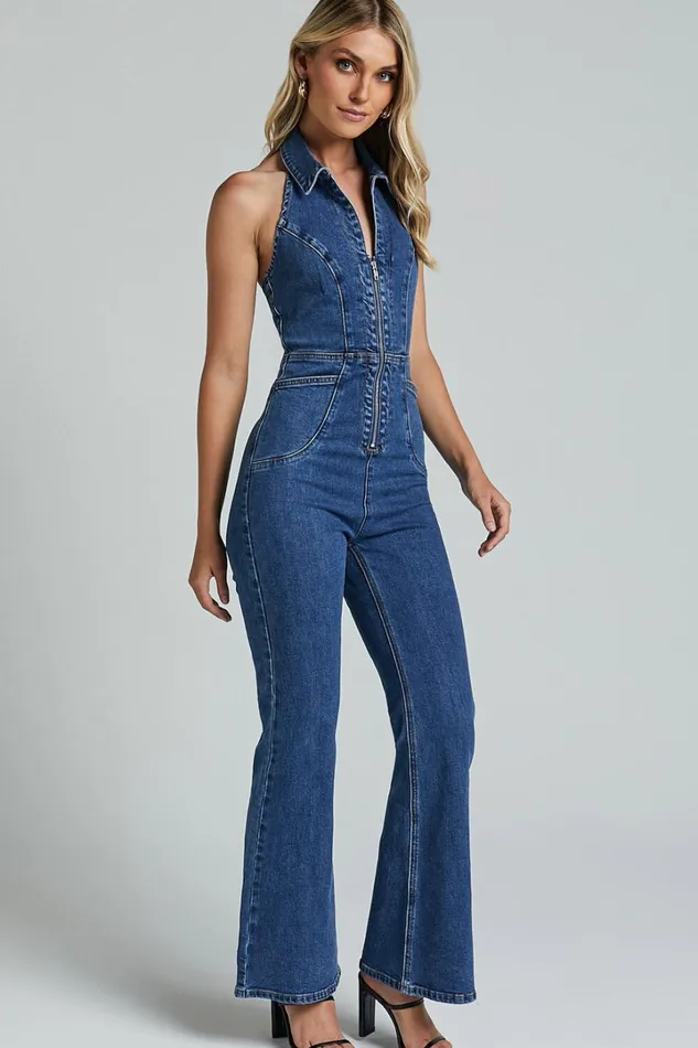 Casidy Jumpsuit 8211 Zip Front Collared Halter Neck Denim In Mid Blue Wash Women Showpo Denim