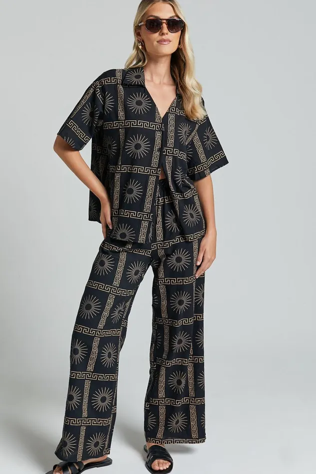 Cassidy Pant 8211 Elasticated Linen Look Pants In Black Sun Print Women Showpo Pants