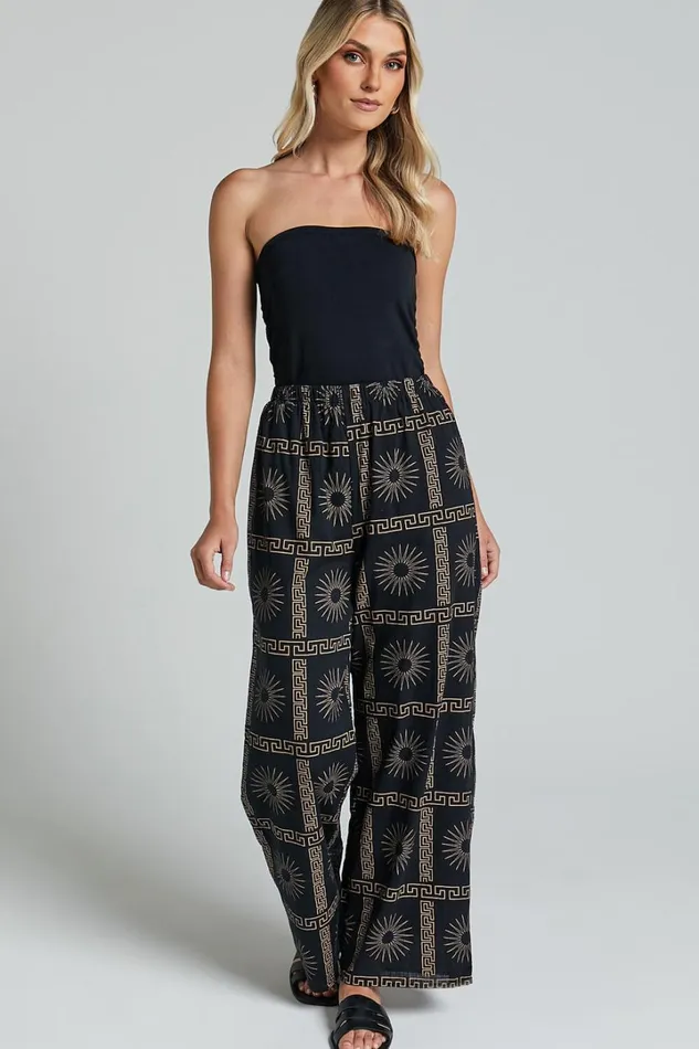 Cassidy Pant 8211 Elasticated Linen Look Pants In Black Sun Print Women Showpo Pants