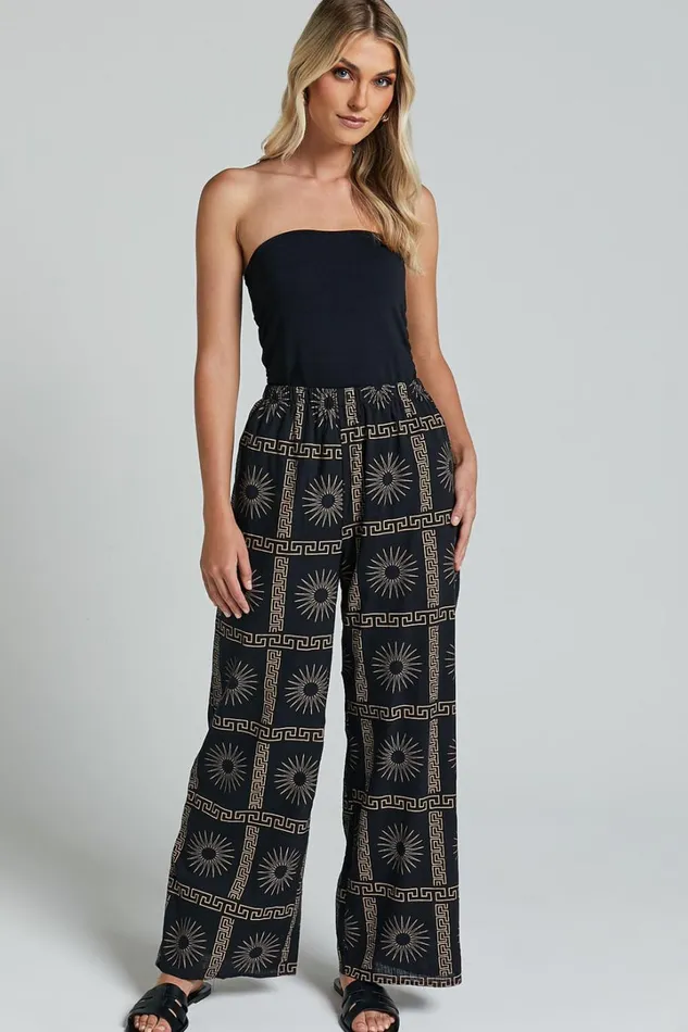 Cassidy Pant 8211 Elasticated Linen Look Pants In Black Sun Print Women Showpo Pants