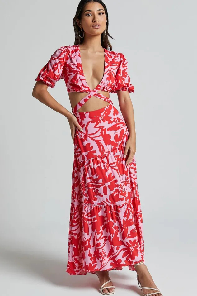 Cecelia Midi Dress 8211 Plunge Neck Puff Sleeve Patterned Dress In Pink Shadow Floral Women Showpo Dresses Cecelia Midi Dress 8211 Plunge Neck Puff Sleeve Patterned Dress In Pink Shadow Floral Women Showpo Dresses