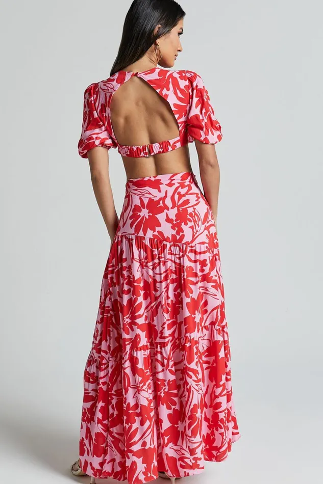 Cecelia Midi Dress 8211 Plunge Neck Puff Sleeve Patterned Dress In Pink Shadow Floral Women Showpo Dresses