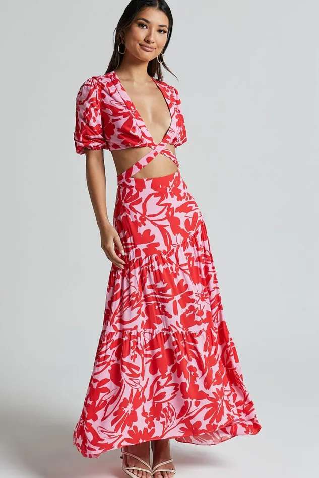 Cecelia Midi Dress 8211 Plunge Neck Puff Sleeve Patterned Dress In Pink Shadow Floral Women Showpo Dresses