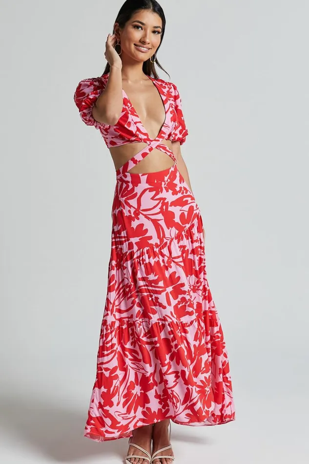 Cecelia Midi Dress 8211 Plunge Neck Puff Sleeve Patterned Dress In Pink Shadow Floral Women Showpo Dresses