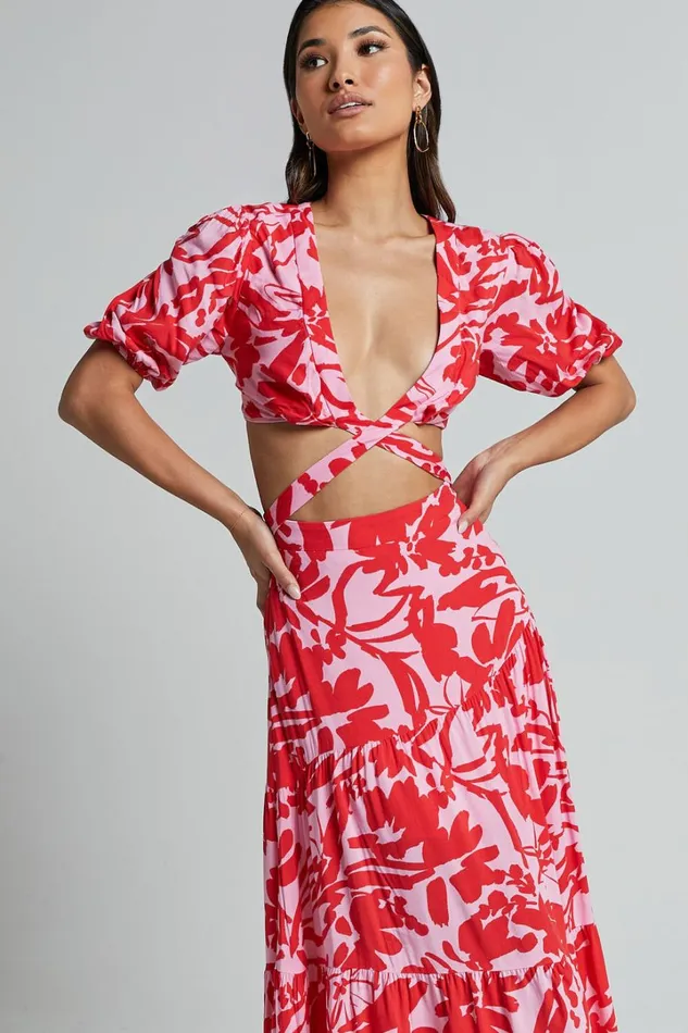 Cecelia Midi Dress 8211 Plunge Neck Puff Sleeve Patterned Dress In Pink Shadow Floral Women Showpo Dresses