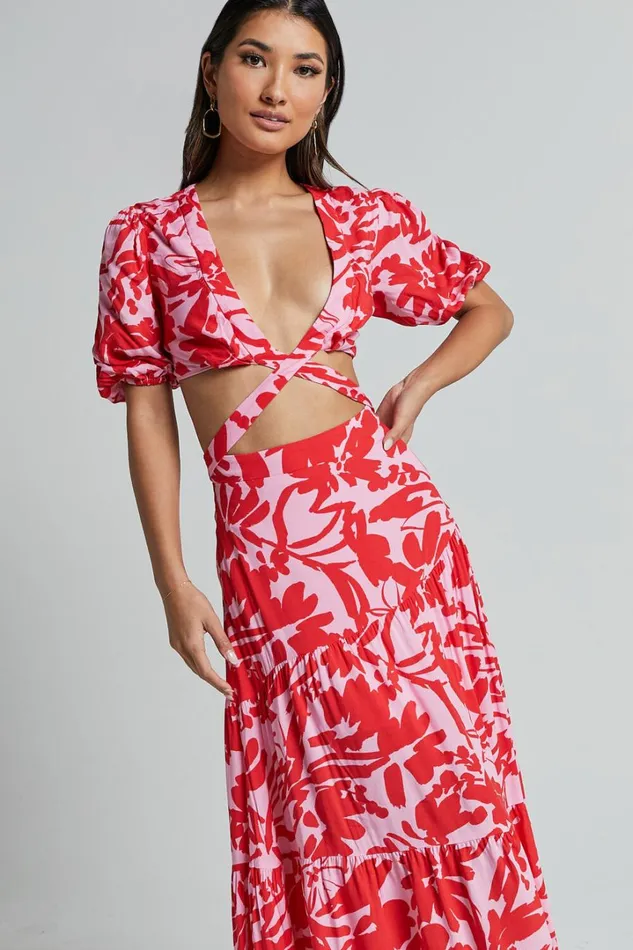 Cecelia Midi Dress 8211 Plunge Neck Puff Sleeve Patterned Dress In Pink Shadow Floral Women Showpo Dresses