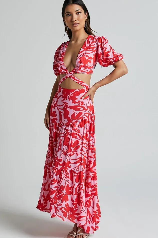 Cecelia Midi Dress 8211 Plunge Neck Puff Sleeve Patterned Dress In Pink Shadow Floral Women Showpo Dresses