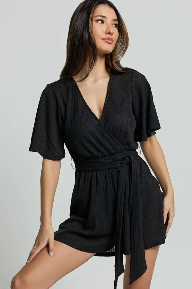 Cecilia Playsuit 8211 Short Sleeve Belted Wrap Playsuit In Black Women Showpo Rompers