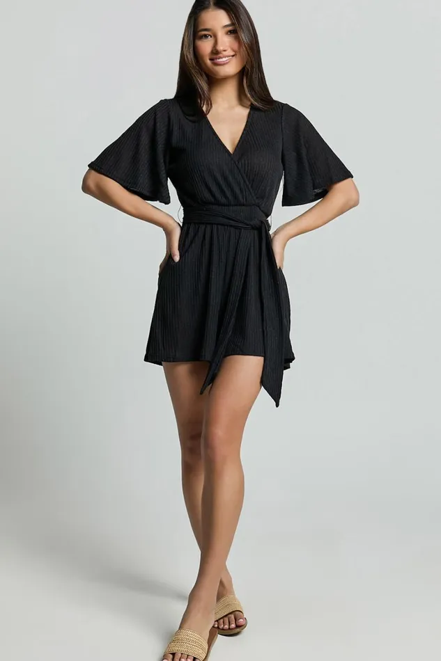 Cecilia Playsuit 8211 Short Sleeve Belted Wrap Playsuit In Black Women Showpo Rompers