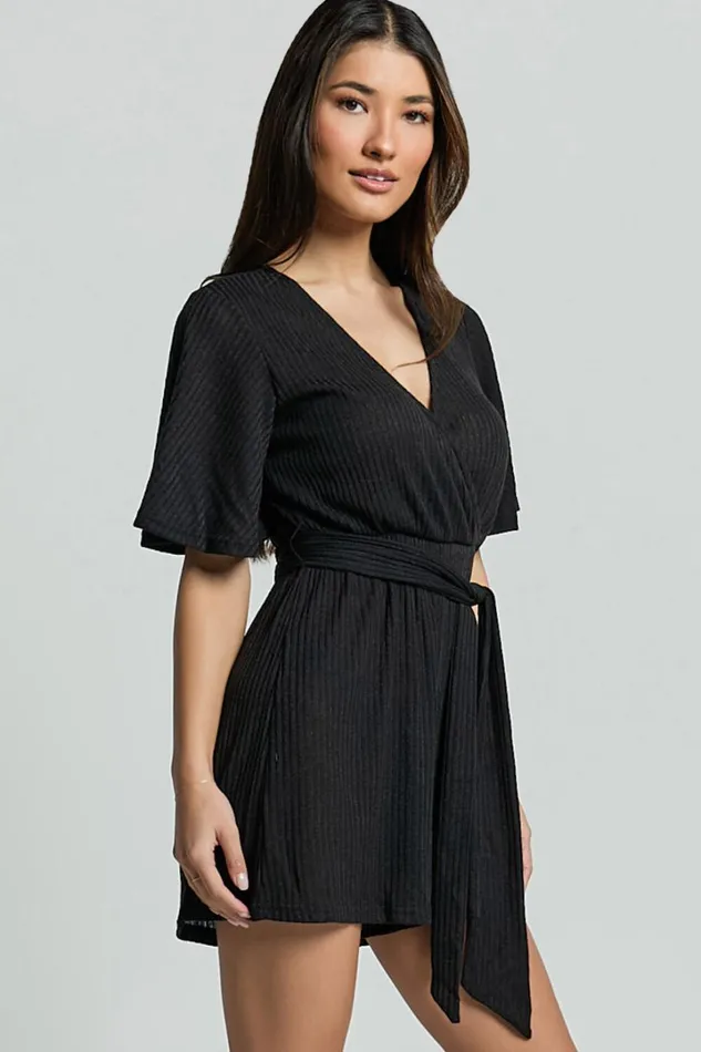 Cecilia Playsuit 8211 Short Sleeve Belted Wrap Playsuit In Black Women Showpo Rompers