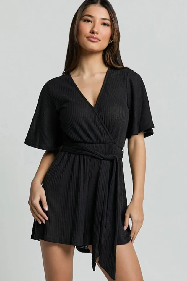 Cecilia Playsuit 8211 Short Sleeve Belted Wrap Playsuit In Black Women Showpo Rompers