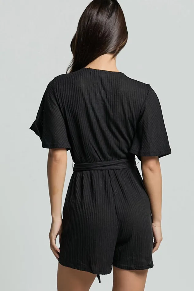 Cecilia Playsuit 8211 Short Sleeve Belted Wrap Playsuit In Black Women Showpo Rompers