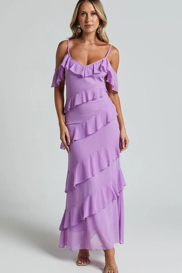 Celaya Maxi Dress 8211 Strappy V Neck Off Shoulder Tiered Frill Detail In Lilac Women Showpo Dresses Celaya Maxi Dress 8211 Strappy V Neck Off Shoulder Tiered Frill Detail In Lilac Women Showpo Dresses
