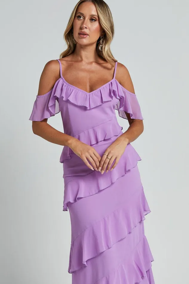 Celaya Maxi Dress 8211 Strappy V Neck Off Shoulder Tiered Frill Detail In Lilac Women Showpo Dresses