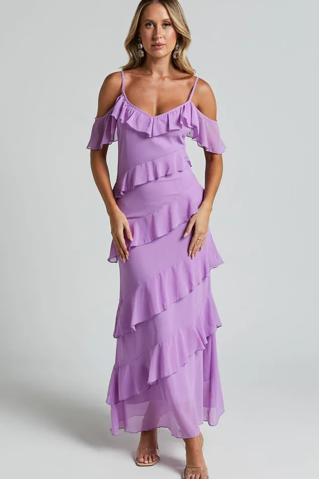 Celaya Maxi Dress 8211 Strappy V Neck Off Shoulder Tiered Frill Detail In Lilac Women Showpo Dresses