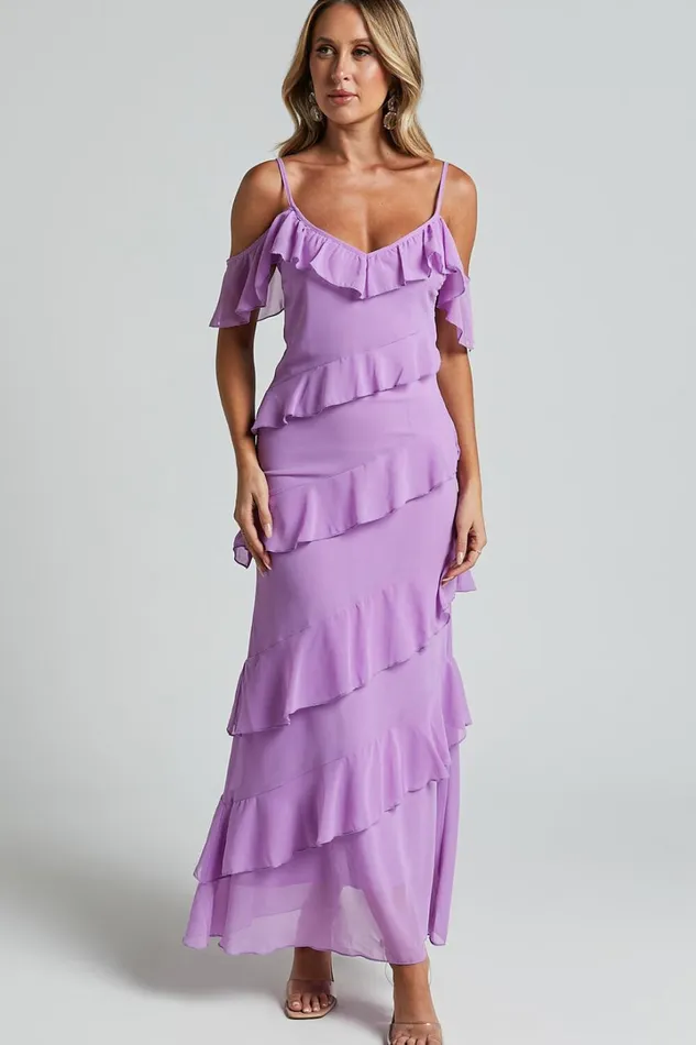 Celaya Maxi Dress 8211 Strappy V Neck Off Shoulder Tiered Frill Detail In Lilac Women Showpo Dresses