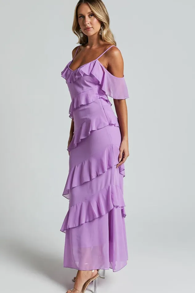 Celaya Maxi Dress 8211 Strappy V Neck Off Shoulder Tiered Frill Detail In Lilac Women Showpo Dresses